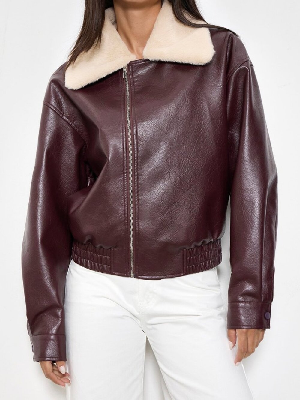 Burgundy Casual Women's Faux Fur Collar Zipper Front Jacket